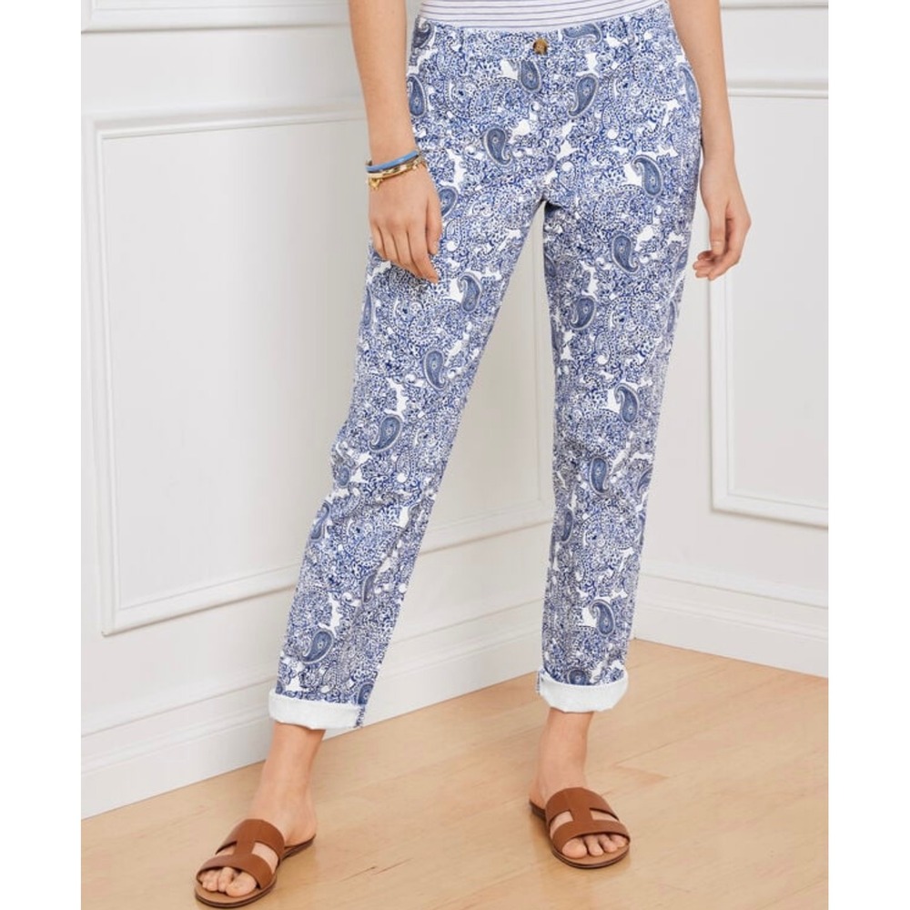 Talbots Relaxed Chino Pants Women's 14 Blue White Paisley Print Casual vacation - Picture 2 of 7